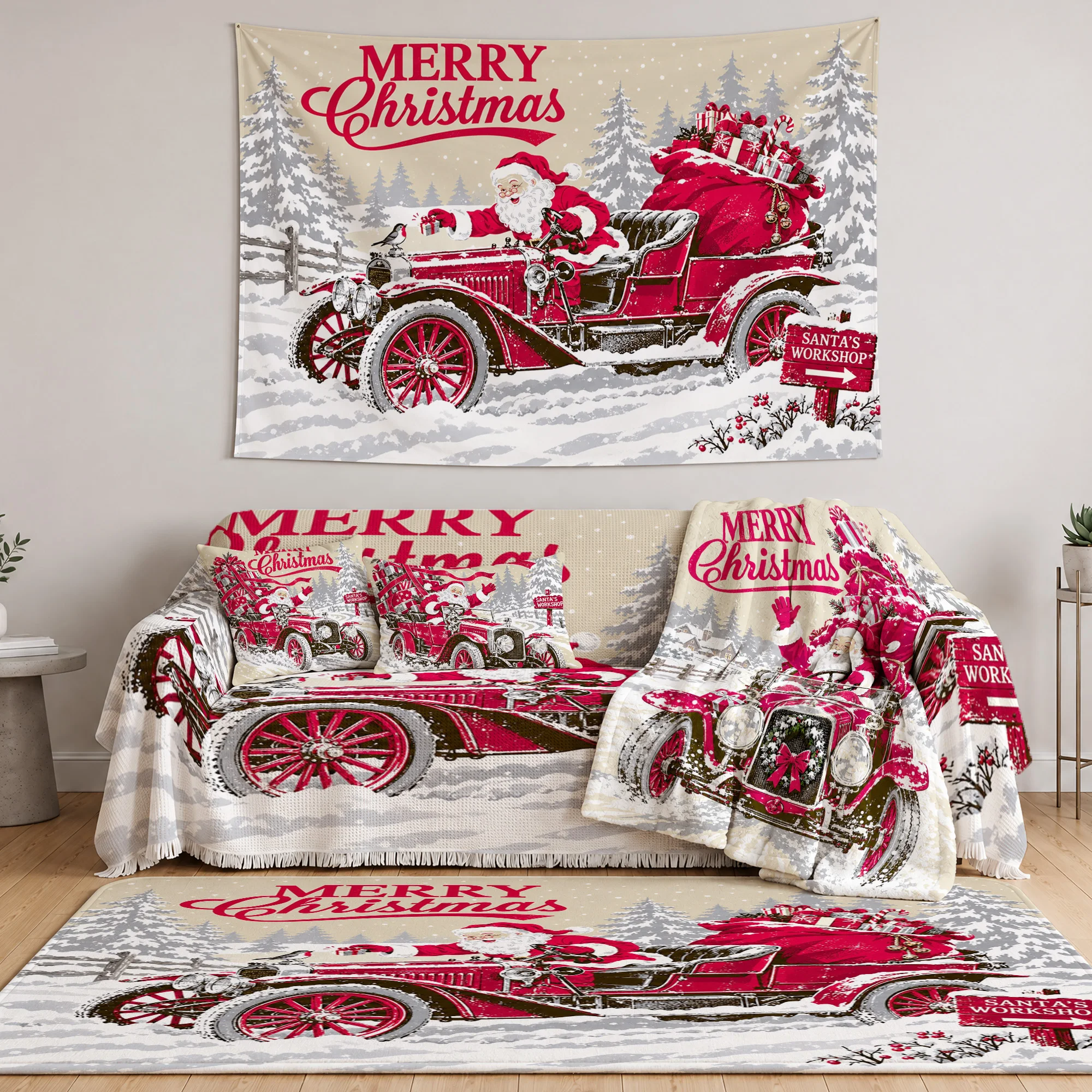 Merry Christmas Santa Carriage Throw Blanket Cushion Dust Ruffle Curtain Rug Decor