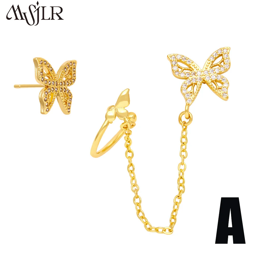 MVE-016  Luxury 18K Asymmetric Long Tassel Earrings Celebrity Temperament One-Piece Studded Butterfly Ear Zircon Earrings