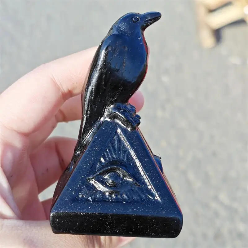 Natural Black Obsidian Crow Pyramid Carving Statue Healing Gemstone Crafts For Children Birthday Gift 1PCS