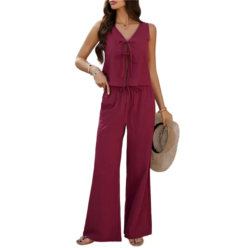 A68M-Conjunto feminino de 2 peças com decote em V e gravata na cintura e conjuntos de calças casuais de pernas largas