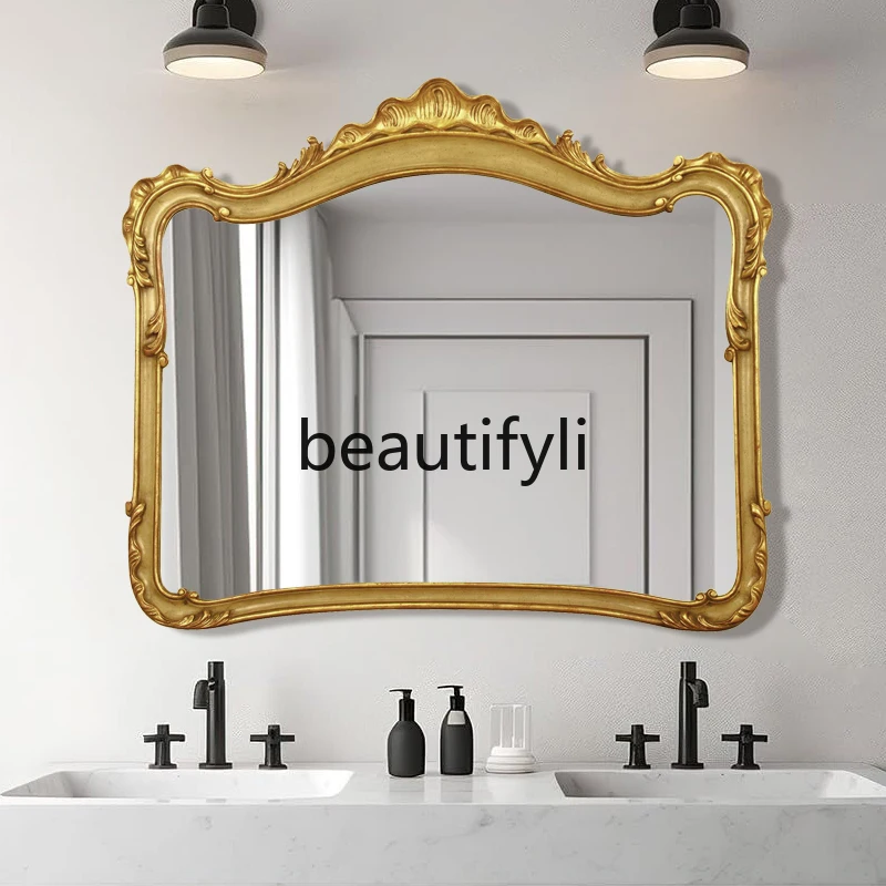

European Style Bathroom American Retro Wall-Mounted Washbasin Mirror Irregular Shape French Style Bathroom Mirror