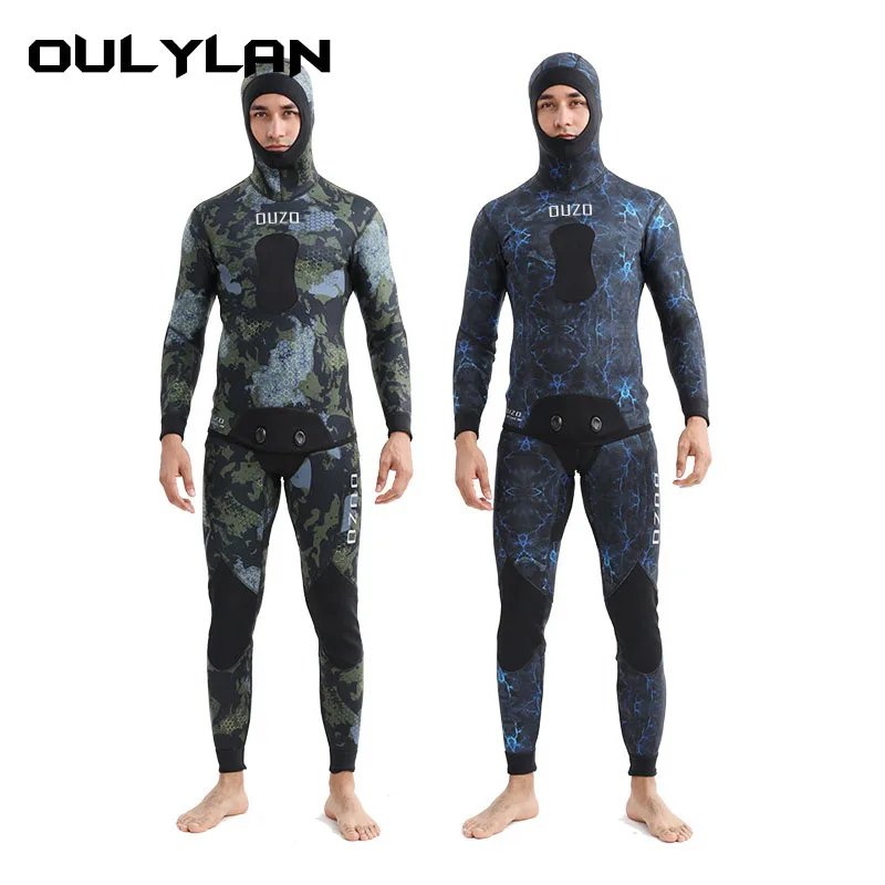 Oulylan Camouflage Long Sleeve Fission Hooded 2 Pieces 5MM Neoprene Submersible Suit For Men Keep Warm Waterproof Diving Suit