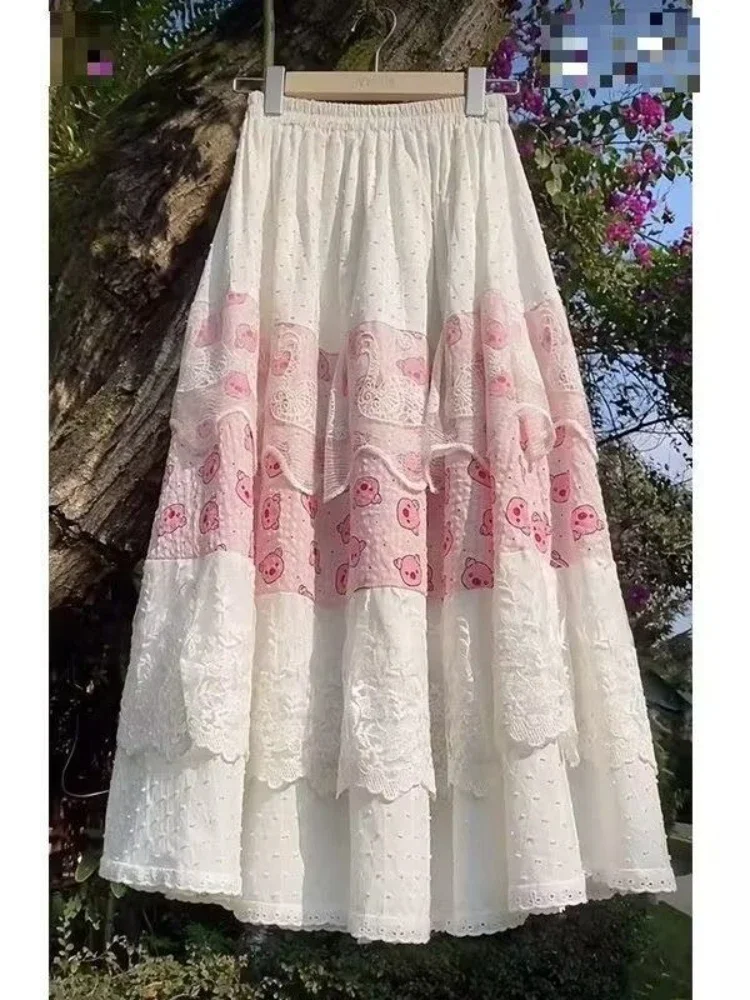 

Korean Elastic High Waist Lace White Pink Fairy Cute Skirt Casual Kawaii Patchwork Summer Retro Long Skirt Casual Daily Outfits