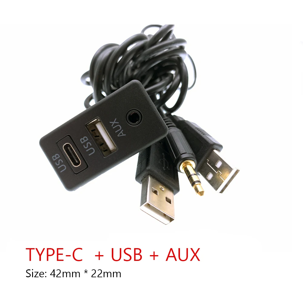 Car Radio Dual Type-C USB Dash Flush Mount Switch Panel 3.5mm AUX Data Wire Harness Cable Adapter For Android Multimedia Player