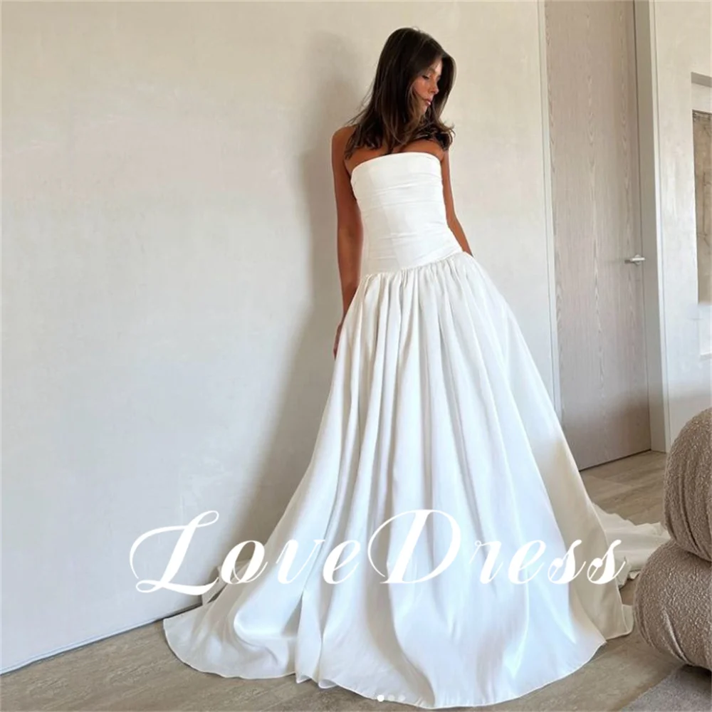 

Love Charming Strapless Pleat A-Line Elastic Stain Bride Gown Elegant Sleeveless Floor Length Wedding Dresses Vestidos de novia