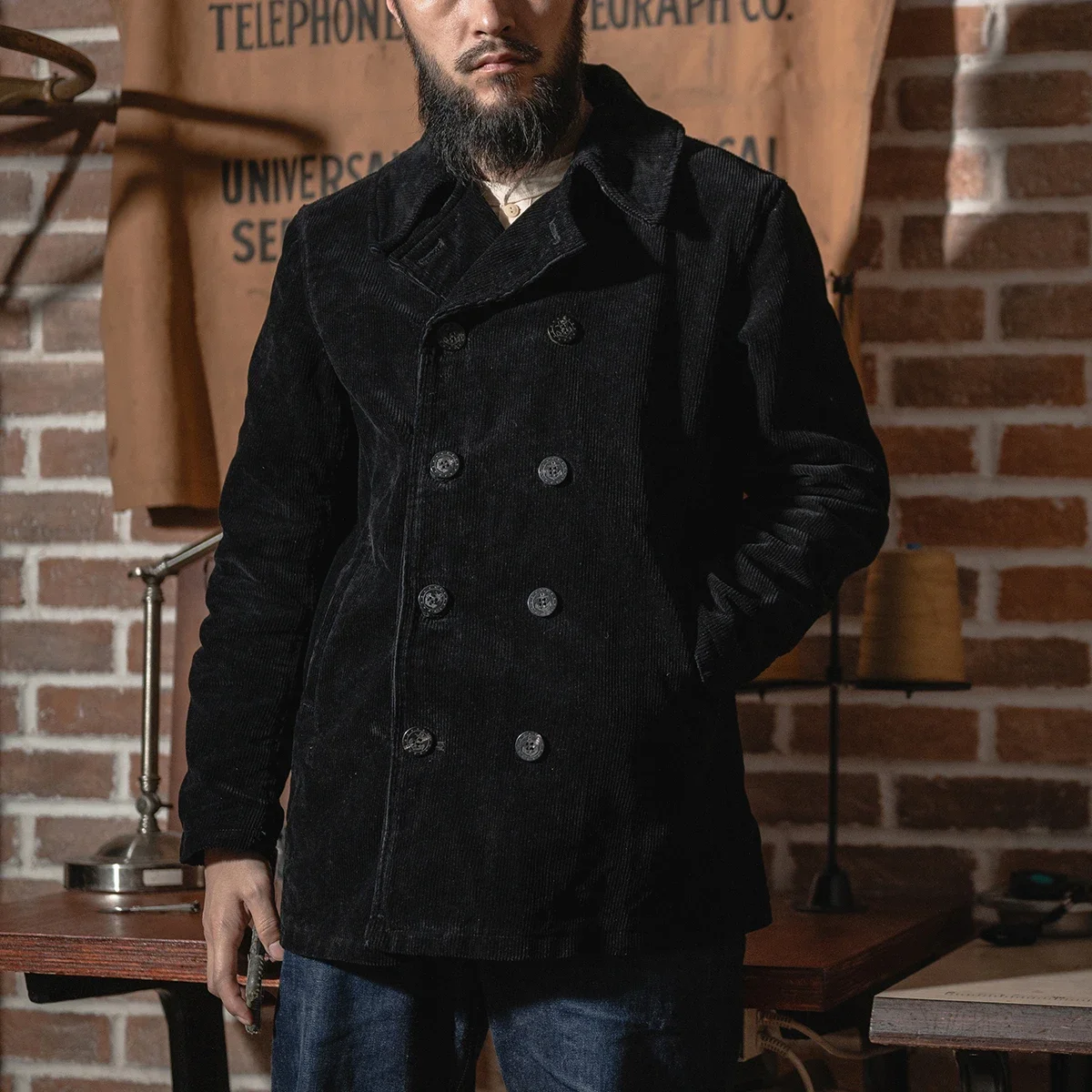 Jaket Vintage pria, Bronson Heritage Corduroy Peacoat, jaket berburu, mantel kancing dua baris