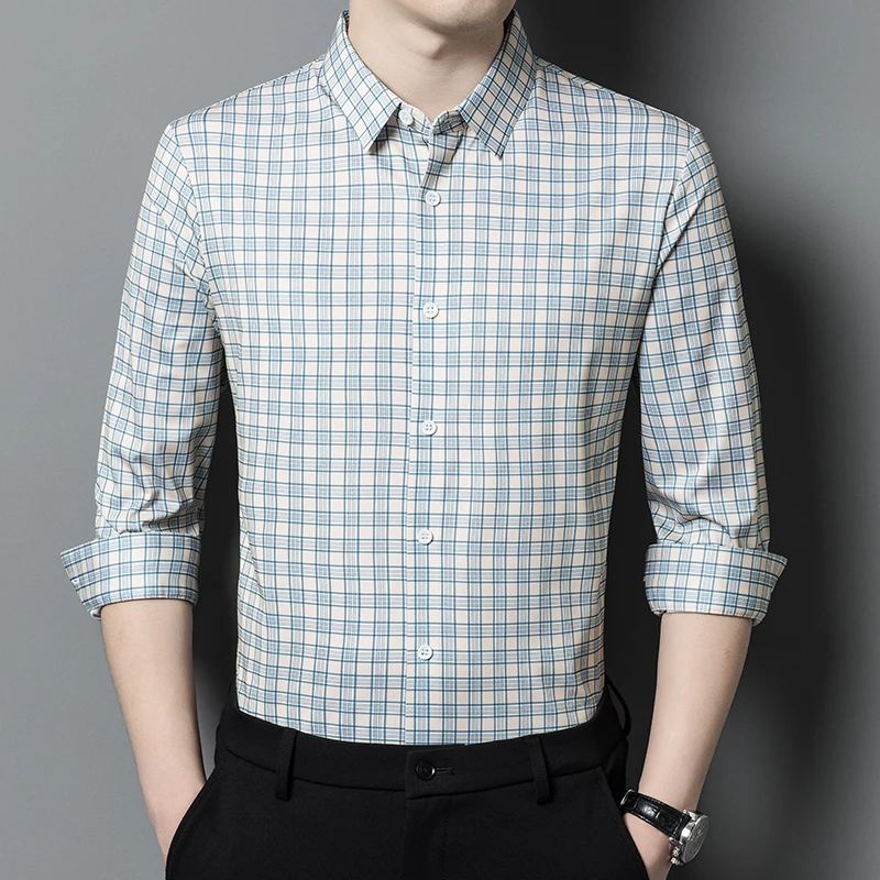 Polyester 87.4%,Elastane 12.6% Shirts For Men Long Sleeve Casual Autumn High-Quality Softness Breathable Plaid Camisas De Hombre