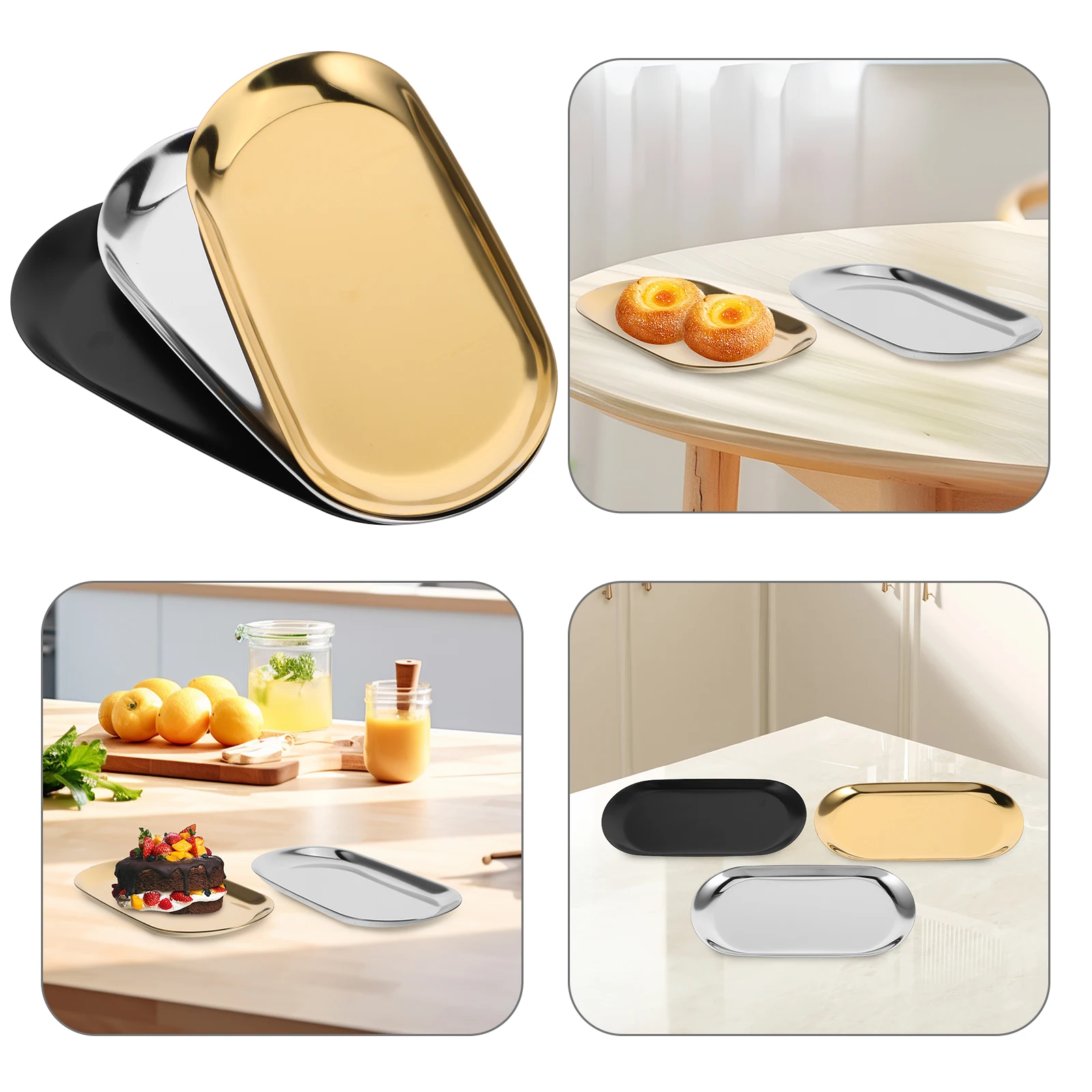 

3Pcs Oval Stainless Steel Nordic Tray Set Multipurpose Jewelry Vanity Snack Storage Organizer Decorative Serving Tray