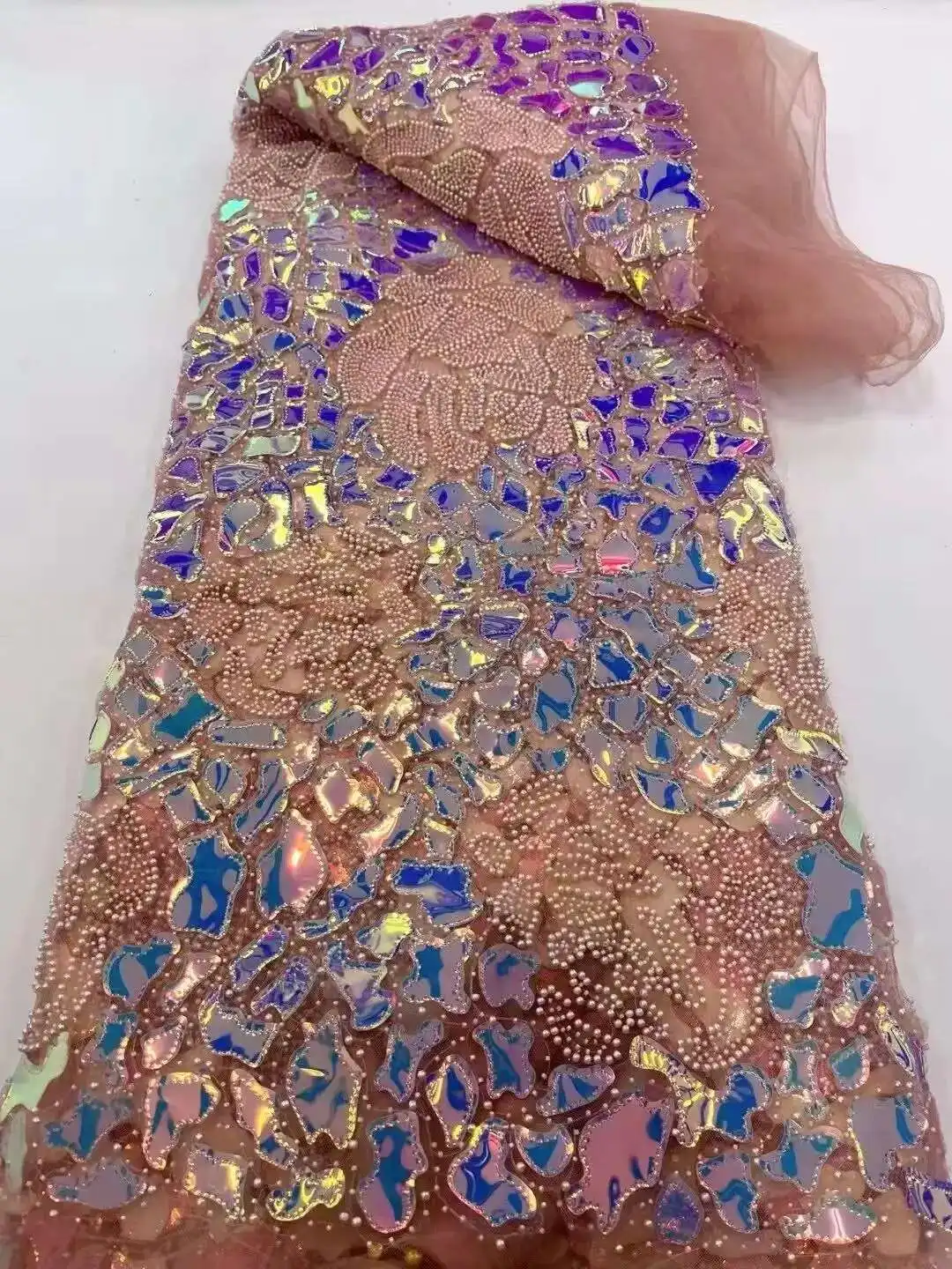 

French Guipure Beaded Glitter Sequin lace Fabrics Quality For Sewing Wedding Dress Blue Tulle Lace Floral Embroidery Fabric
