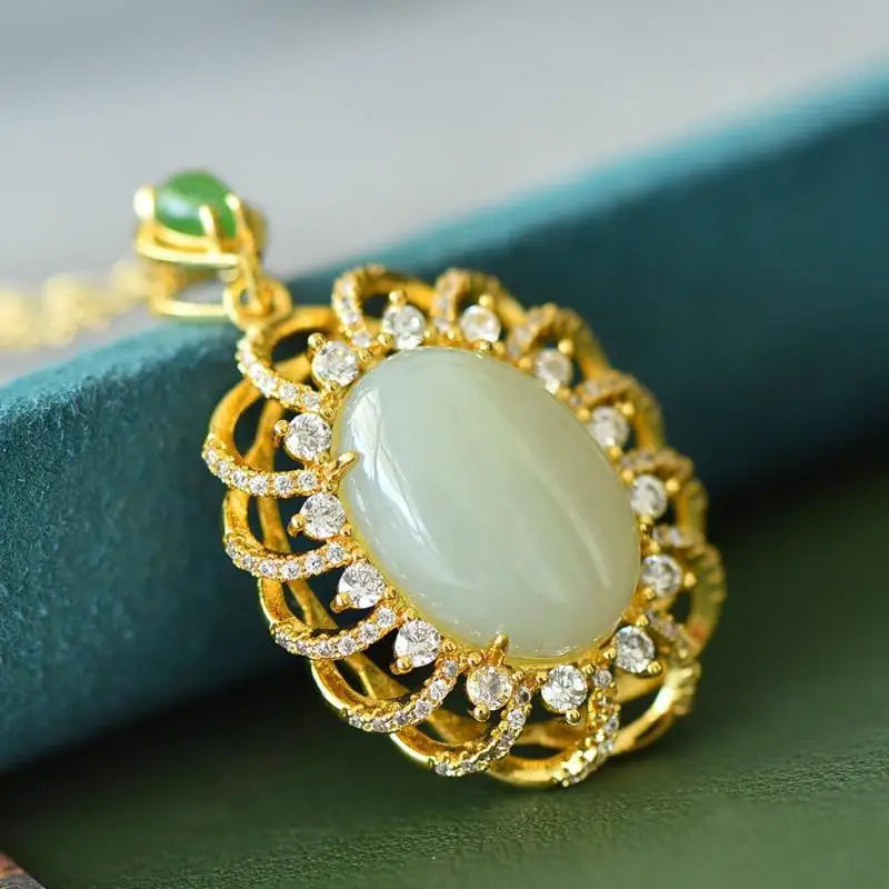 

Natural White Jade Necklace Women Fine Jewelry Genuine Chinese Nephrite Hetian Jade Luxury Zircon Oval Pendant Necklaces