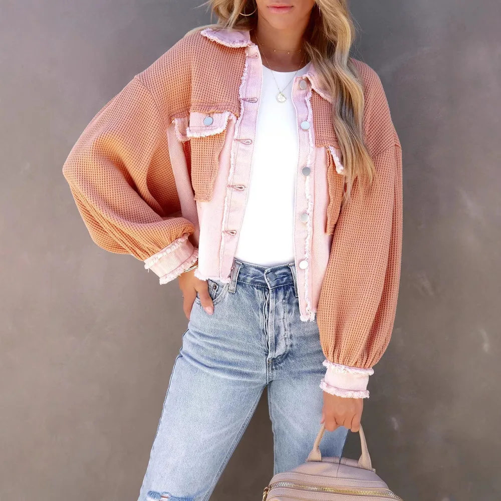 Femmes gaufre Parkas manteaux Patchwork vestes manches longues simple boutonnage bouton droit bureau dame décontracté 2025 automne hiver