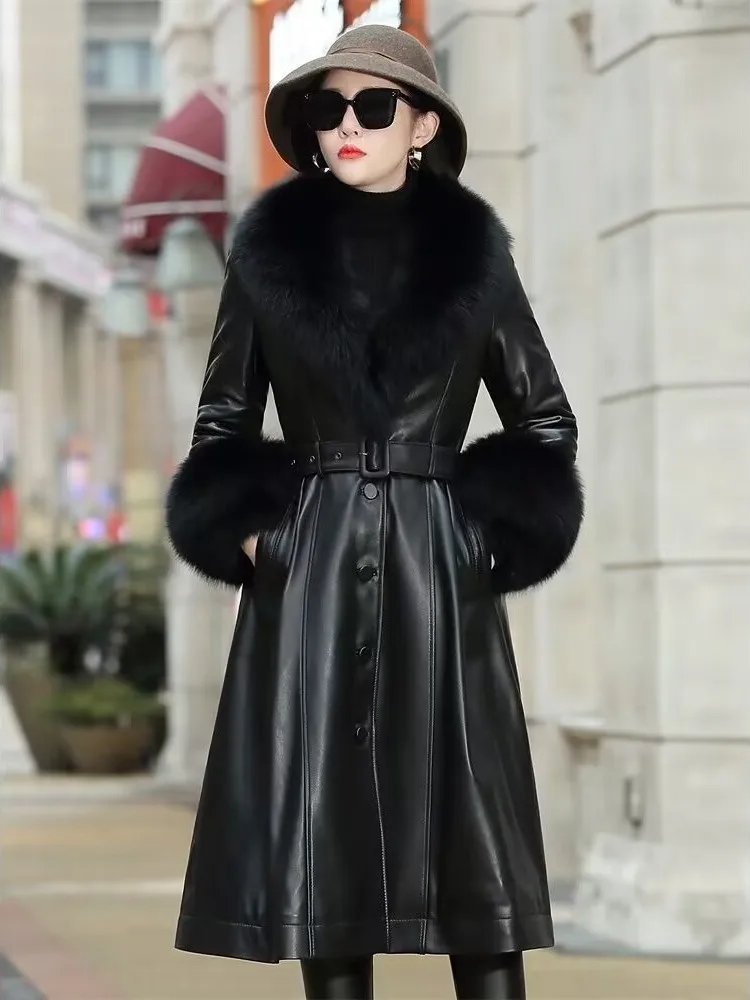 Removable Fox Fur Collar Cuffs Genuine Leather long Coat Women 2024 Autumn New Streetwear