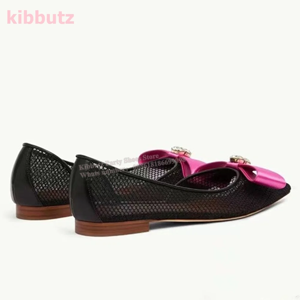 Busur kristal Mess pompa tunggal ujung runcing datar dengan dangkal Slip-On Glossy warna campuran merah muda mode seksi elegan sepatu wanita baru