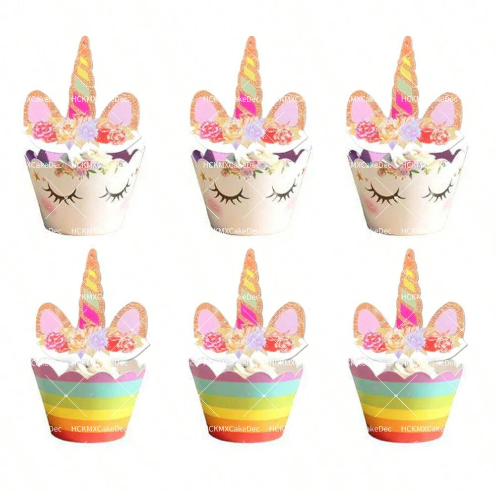 24 Stück Regenbogen Einhorn Cupcake Topper Wrapper Kuchen Topper Einhorn Thema Mädchen Geburtstag Party Kuchen Dekor Einhorn Party Supplies – Detail 1