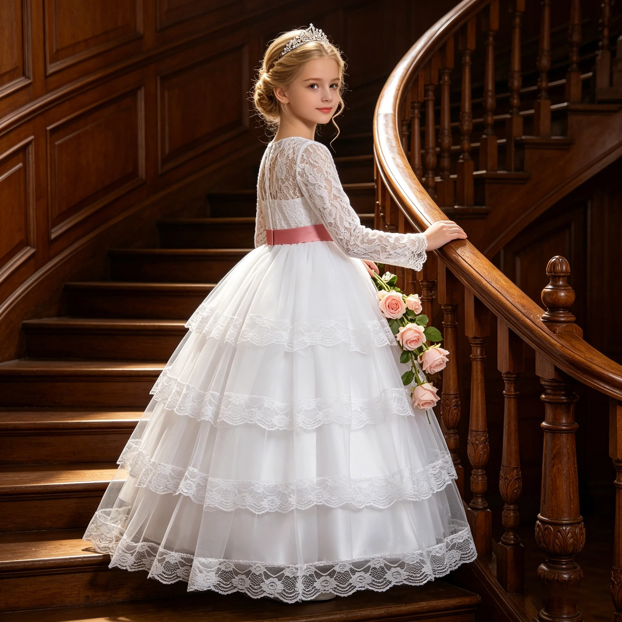 HETISO Long Sleeve Children Kids Dress Cute Bow Layered Tulle Girls Evening Prom Gown Embroidery Lace Festive Clothing