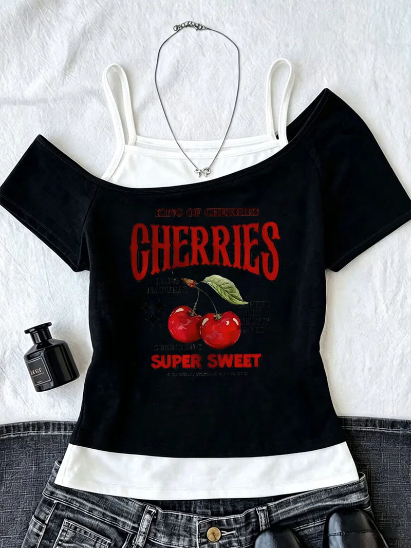 Fashion Cherry Print T Shirt Women Graphic T-Shirt Off-Shoulder 90s Trendy 2000s Graphic Chic Girls T Shirt Y2k Tops Tee