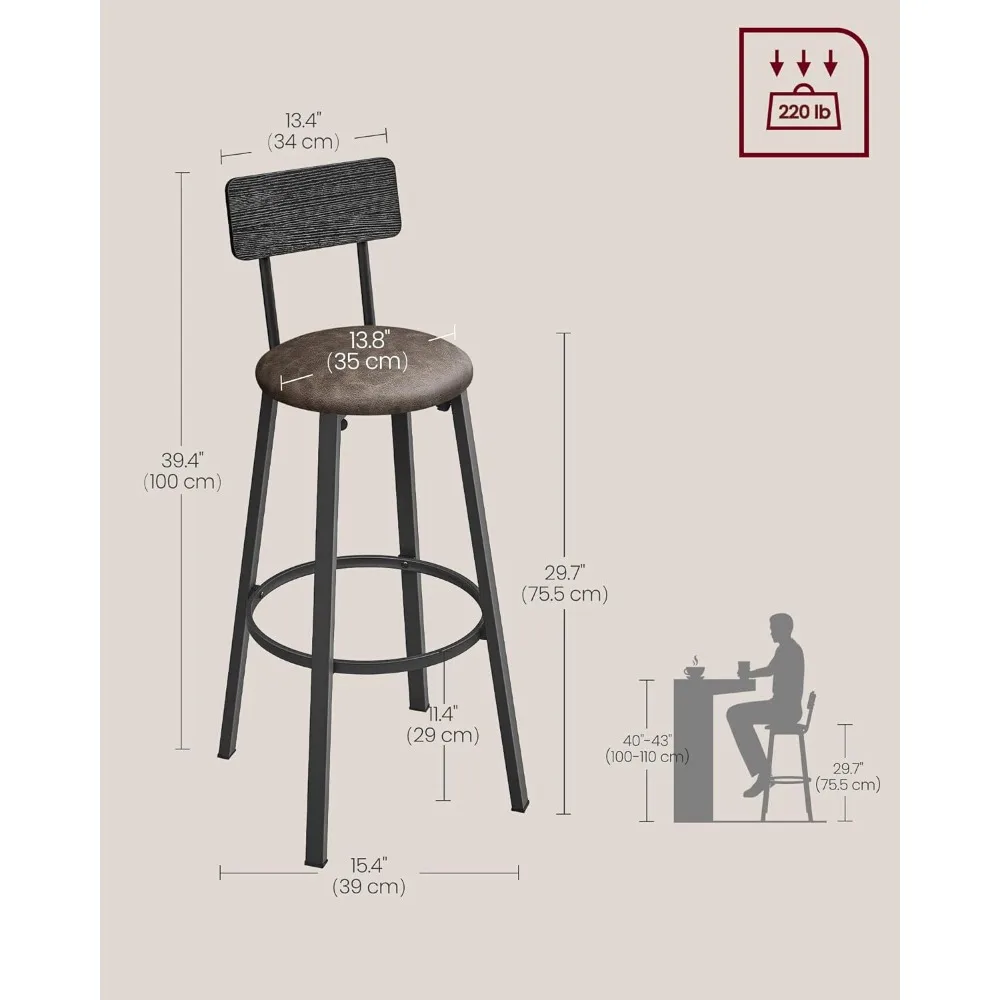 Bar Stools, Set of 2 PU Upholstered Breakfast Stools, 29.7-Inch Barstools with Back and Footrest, Simple Assembly