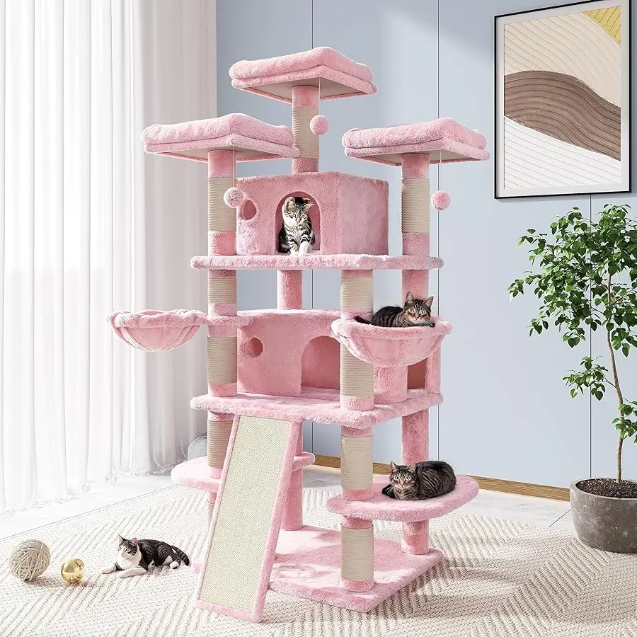 

Allewie 68 Inches Cat Tree/House and Towers for Big Feline/Scratching Post/Multi-Level Large Kitty Climbing Tree with Condo/Pink