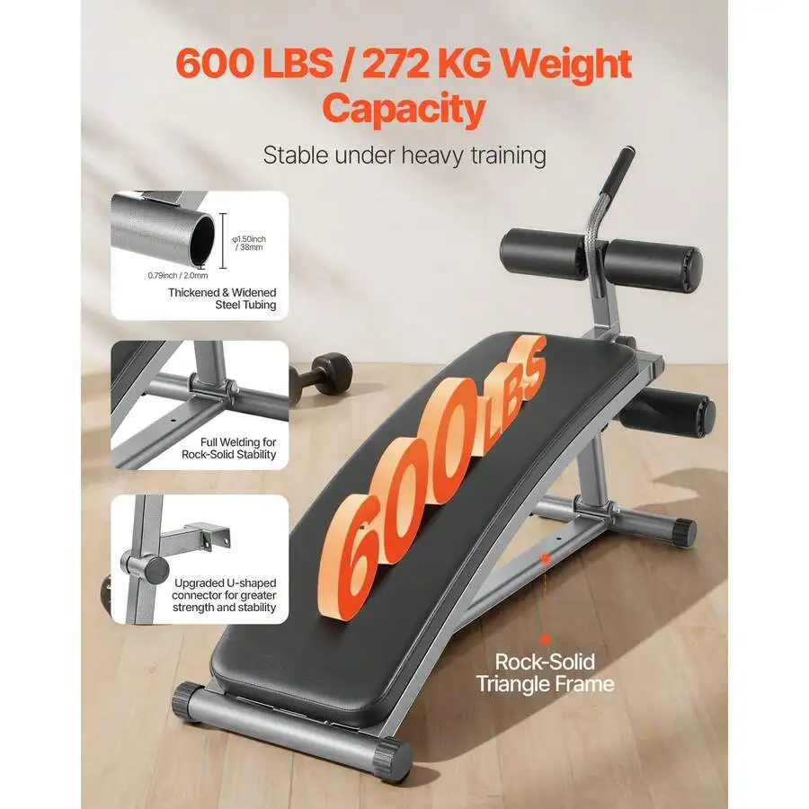 Sit Up Bench, Curved Decline Ab Bench With Reverse Crunch Handle, With 6 Adjustable Height Setting, Heavy Duty Steel, 600 Lbs Ca