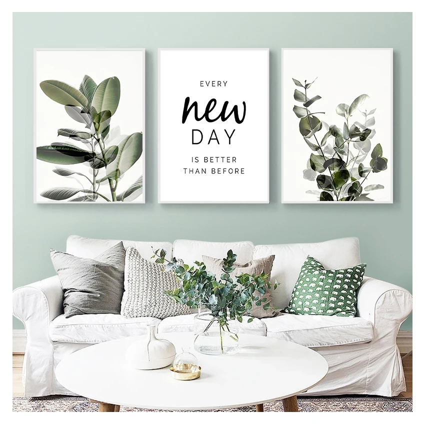 Eucalyptus Wall Art Canvas Painting Picture for Living Room Optimistic Quote Home Decoration Green Plant Leaves Poster Print