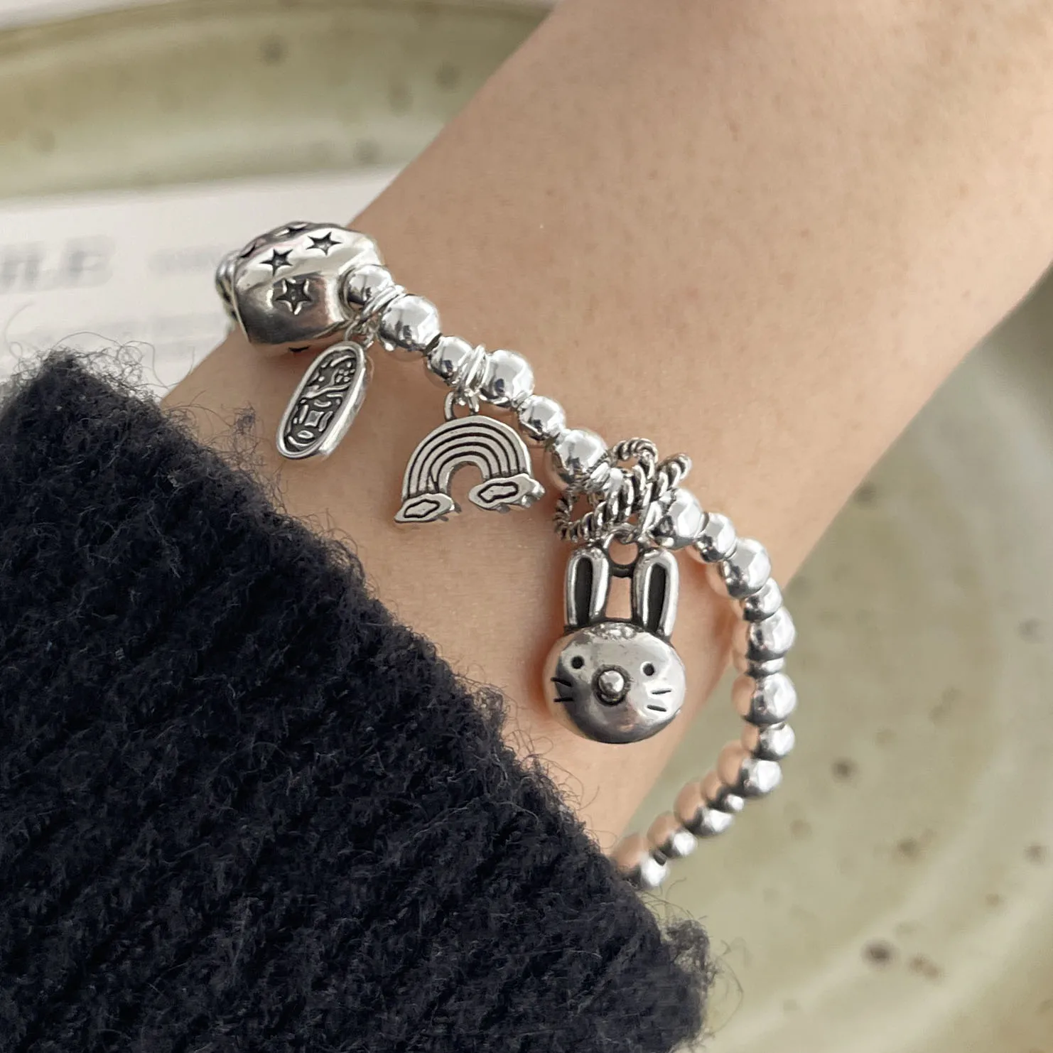 925 Sterling Silver Bracelets for Women Men String Accessories Trend Vintage Rainbow Rabbit Shape Pendant Party Jewelry Gift