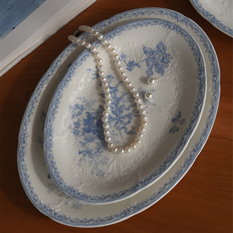 

French Medieval Milk Blue Plate Retro Style Dinner Dish Ceramic Household Oval Plate Dessert Plate Jewelry Photo Prop Tray