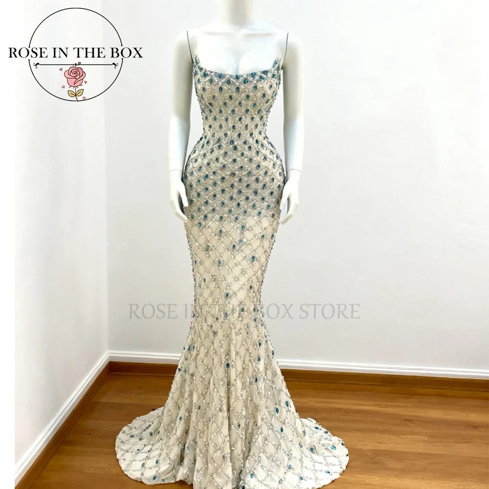 

ROSEINTHEBOX Customized Exquisite Crystals Beaded Strapless Mermaid Long Evening Dress with Train Women Elegant party dresses