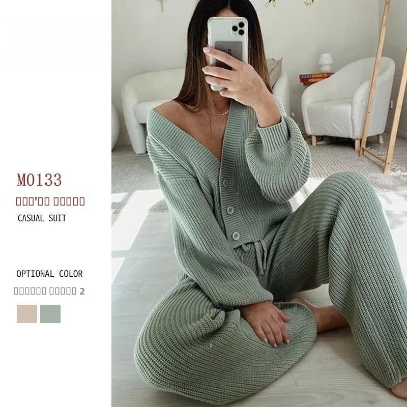 

Casual Faion Women's Pure Color Long Sve Open Cardigan Knitted Sweater And Long Pants Two-Piece Set Leisure Pants