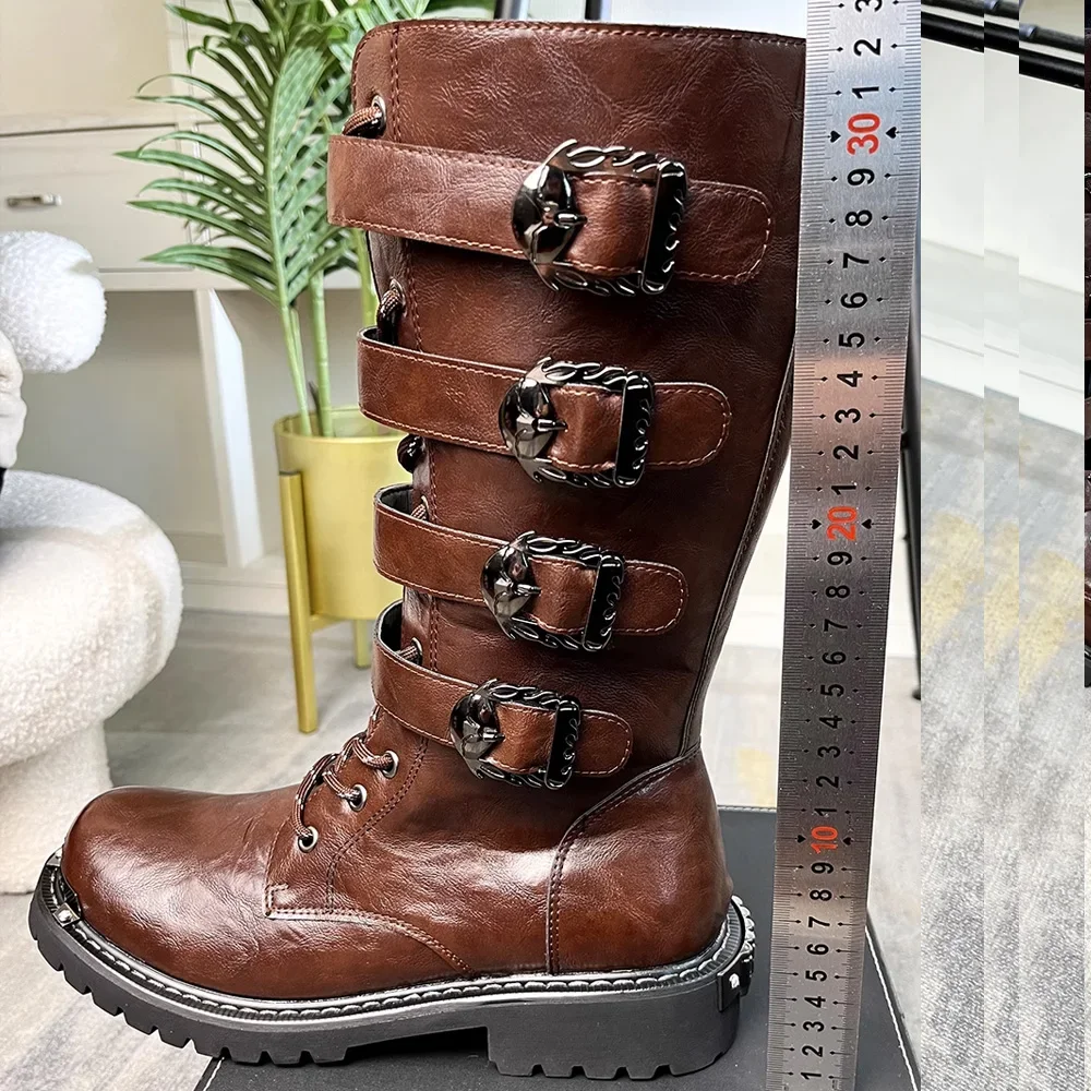 Punk Metal Decor Belt Buckle Mid-calf Gothic Long Boots for Men Round Toe Lace Up Thick Soled Knight Boots Winter Outdoor Shoes