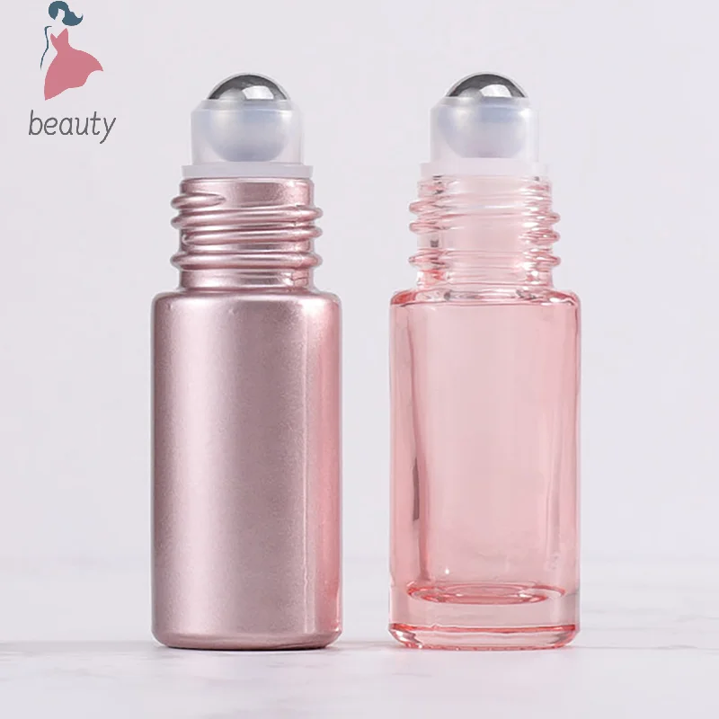 1PCS Glass Roll On Bottle 5/10ml Pink Roller Bottle Essential Oil Lip Gloss Refillable Tube Empty Jar Glass Perfume Bottle