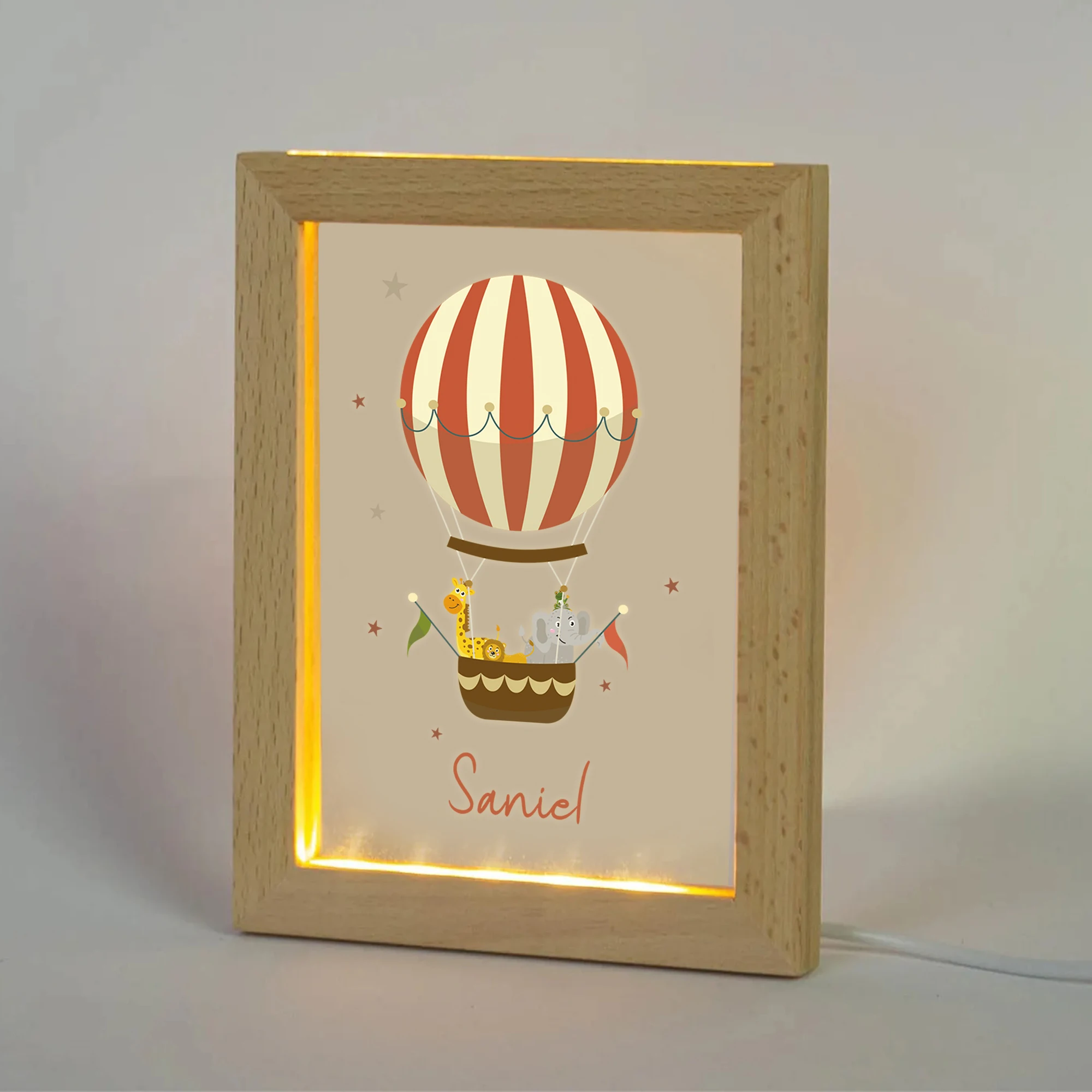 2D شقة مخصصة اسم منطاد الهواء الساخن LED الاكريليك ليلة ضوء الخشب إطار صور 21x17 سنتيمتر الكرتون غرفة نوم الأطفال هدايا ديكور المنزل