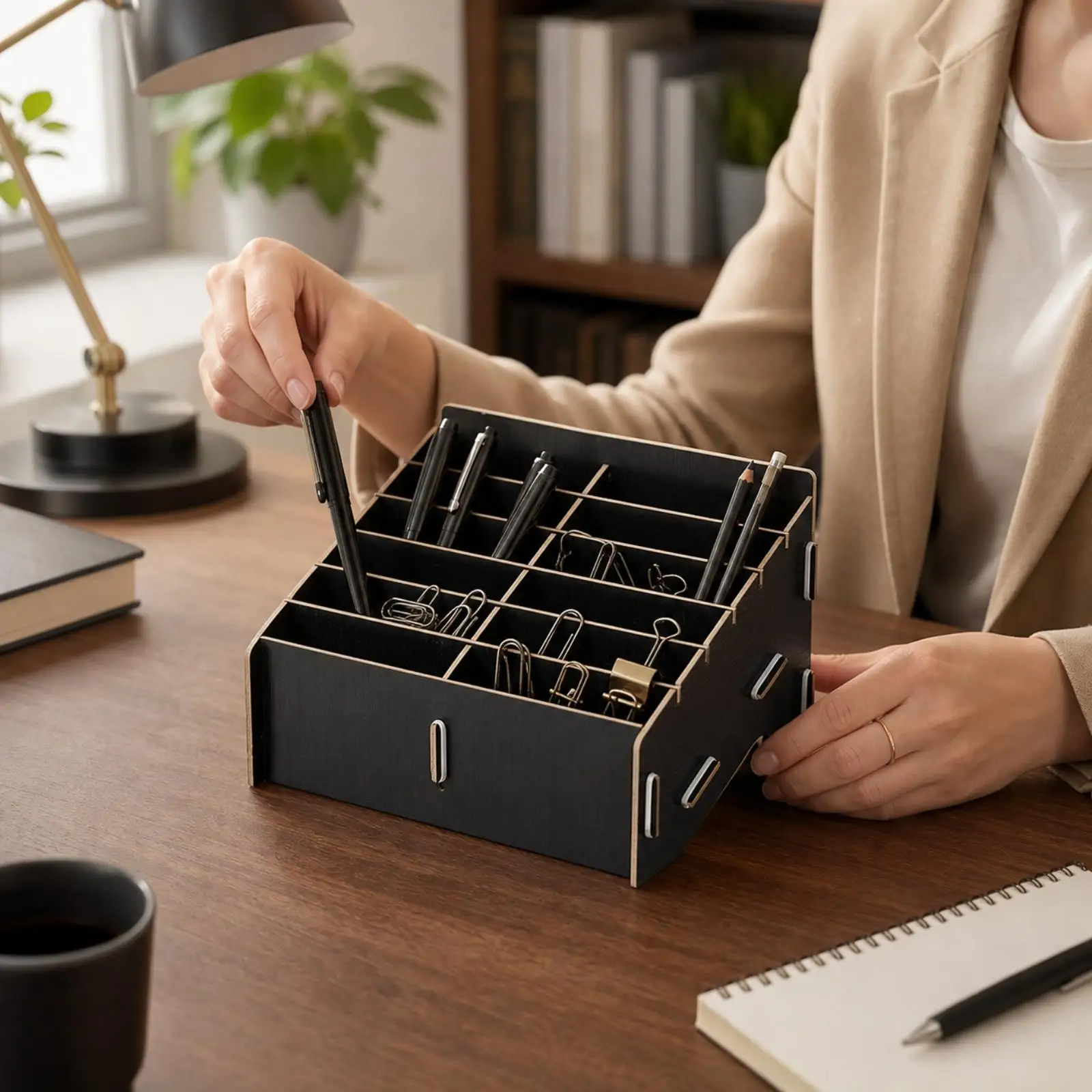 12 Slot Wooden Organizer for Office Desk with Open Top Design for Pens Markers and Small Items