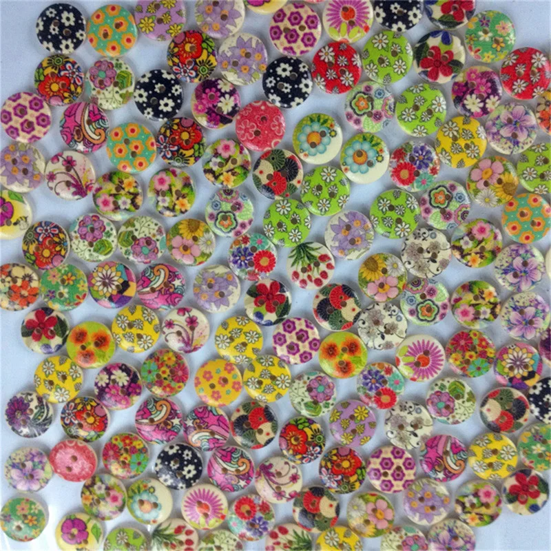 Flower Round Wood Buttons for Clothing Decoration, Sewing Scrapbooking, Embellishments, 2 Hole, 15mm, 50Pcs