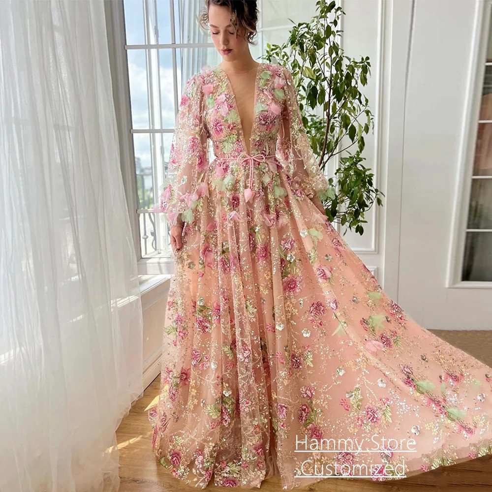 Sparkling Lace Evening Dress Customized V Neck Long Sleeves See Through Flowers A Line Pageant Party Gown Prom Dresses