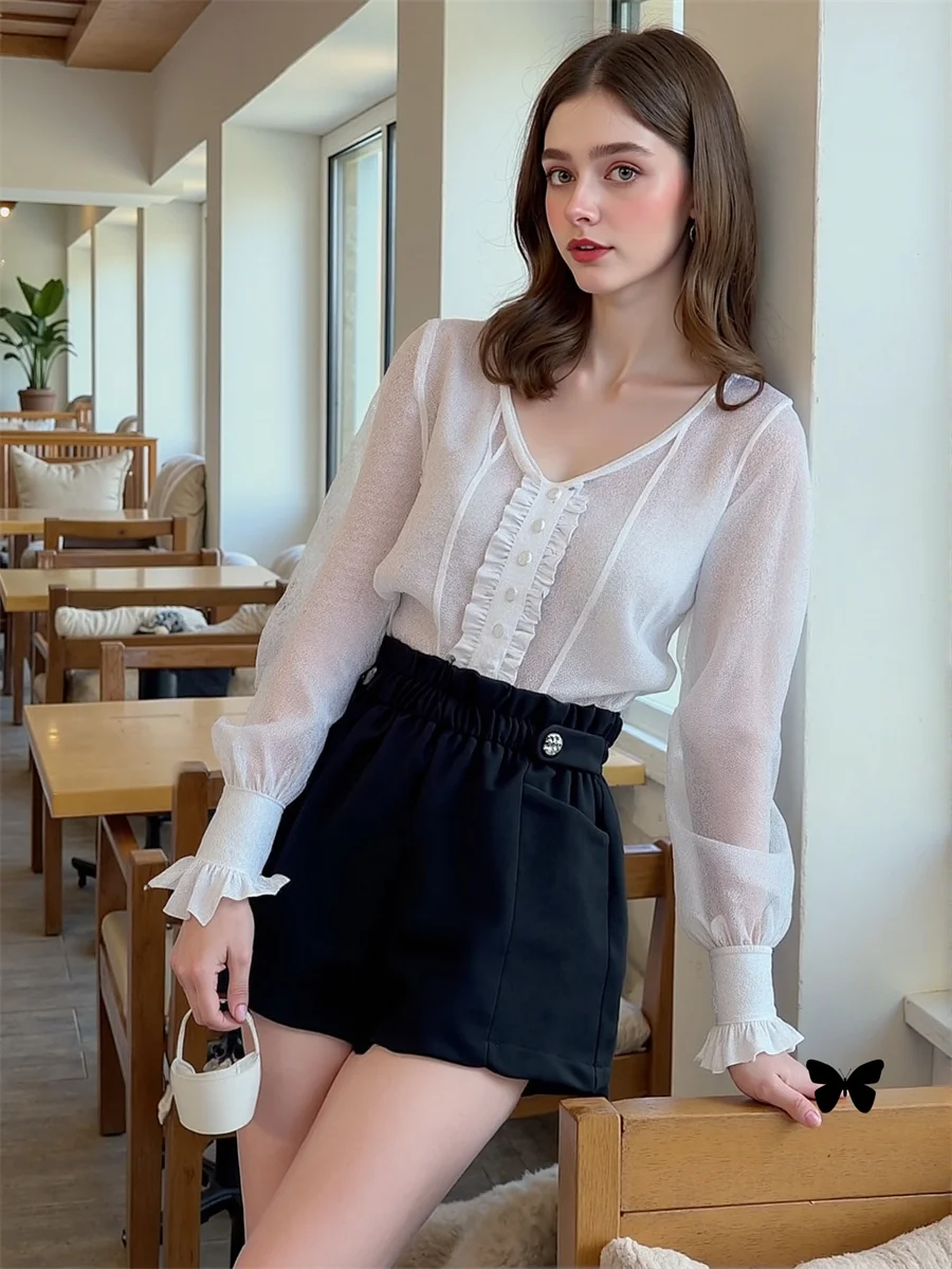 Black Woolen Wide Leg Shorts Womens Pleated Skort Women Chic Office Lady Elegant Button Ruffle Slimming Fashion Cute Preppy Blue