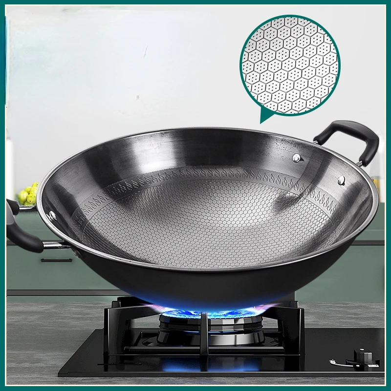 German wok Honeycomb non stick double ear large iron pot Household round bottom without coating and rust resistance