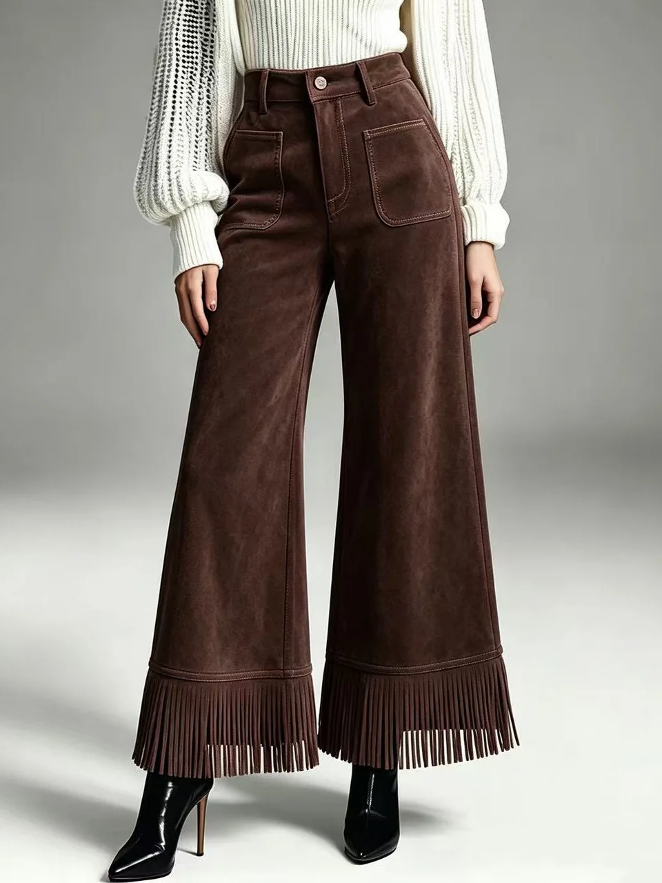 Women Suede High Waist Wide Leg Pants Fringe Hem Design with Pockets Button Zipper Western Style Vintage Casual Long Trousers