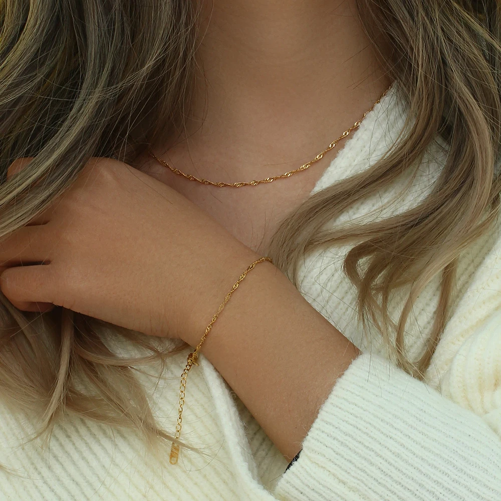 2023 Korean Fashion Thin Water-wave Gold Bracelets for Girl Tarnish Free Anti-allergy Stainless Steel Gold Plated Chain Bracelet