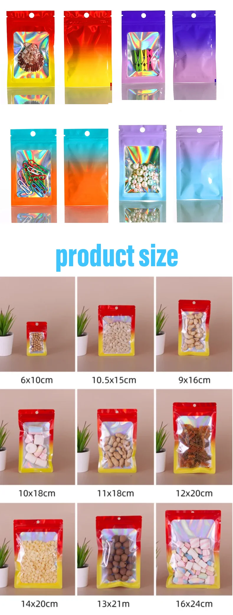 100 Stück Laserfarbene Ziplock-Beutel mit Aluminiumfolienfenster, Kosmetik-Siegelbeutel, Plastikbeutel für Ohrringe und Schmuck, mit individuellem Logo – Detail 2