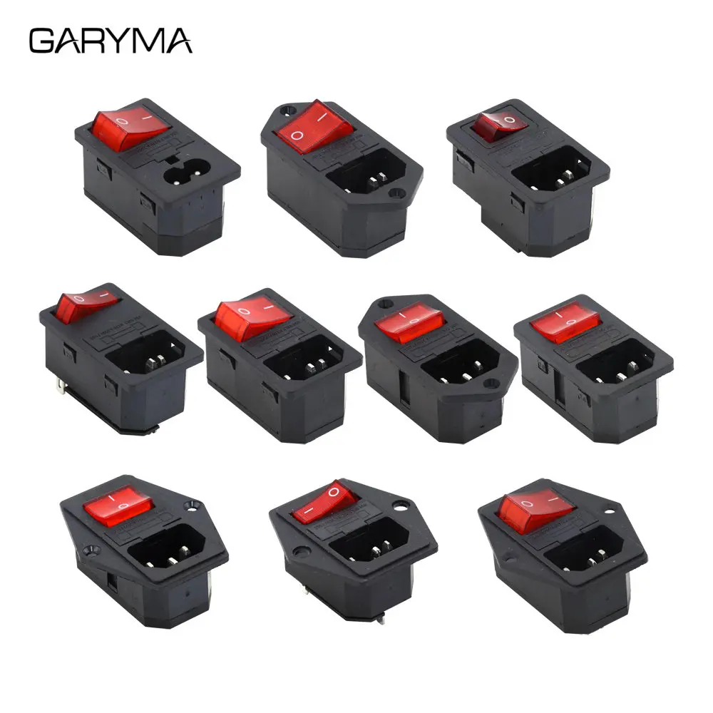 3Pin AC-01 Full Copper Electrical Power Socket LED 250V KCD3 KCD4 KCD5 Inlet Plug Connector Red Lamp Rocker Switch with 10A Fuse