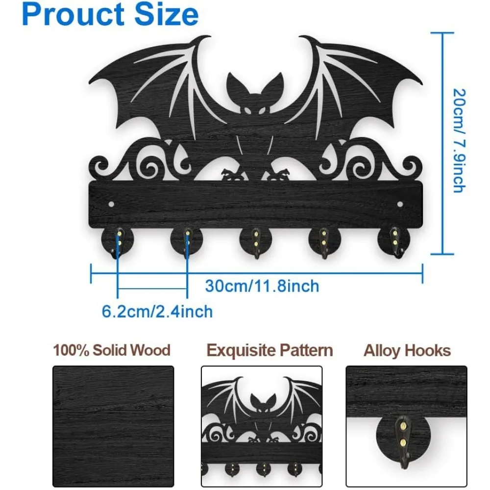 Wood Bat Wall Key Hook Halloween Animal Theme Mounted Key Holder 11.8×7.9inch Art Decor Black Key Rack Organizer