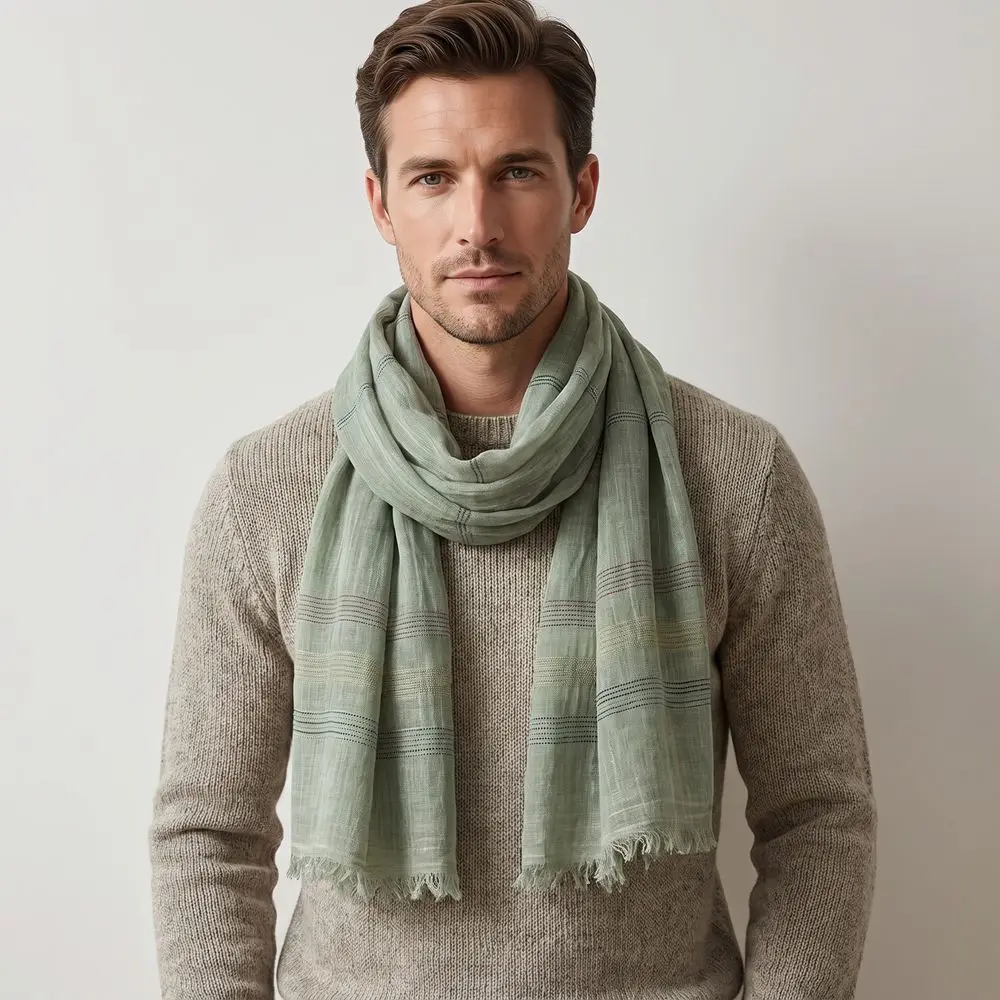 Fashion Breathable Striped Scarf Warm Short Tassel Cotton Linen Shawl Casual Lightweight Men Scarf Male