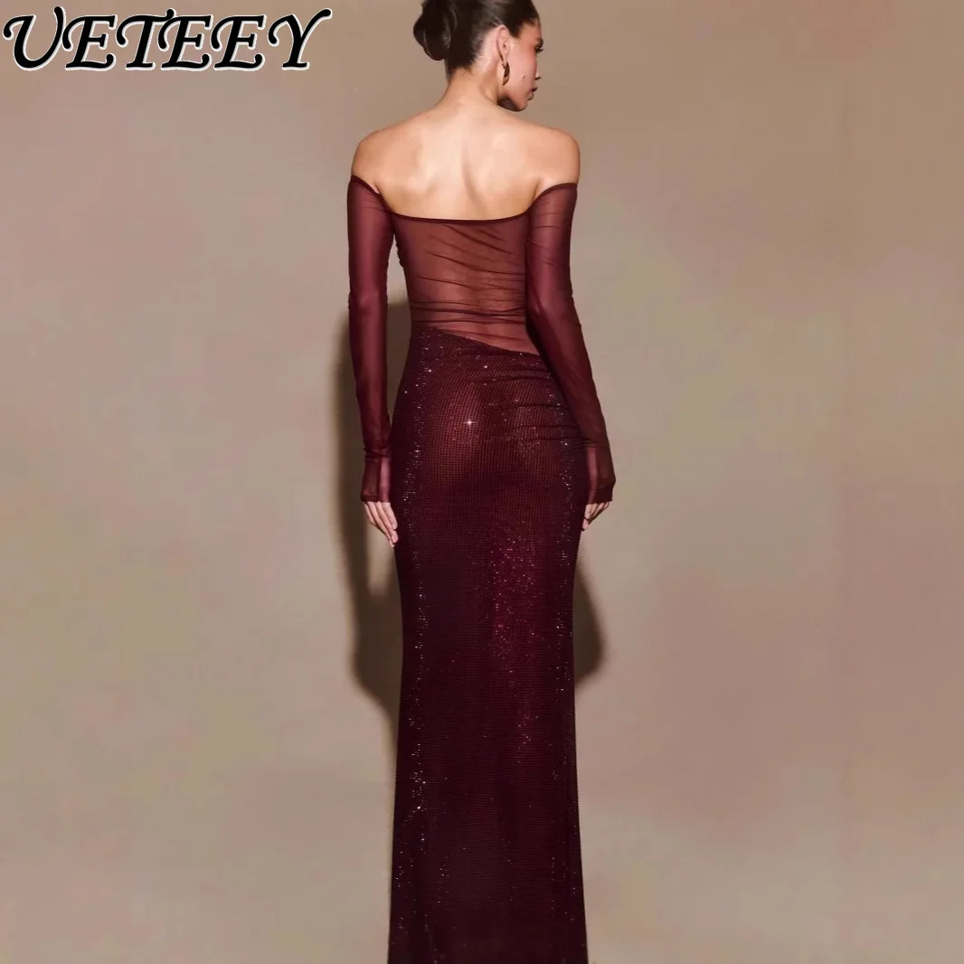 Boutique Fashion Hot Diamond Sexy Off-Schulter Langarm Abendkleid Temperament Hohl Schlank Lange Fischschwanz Party Kleider