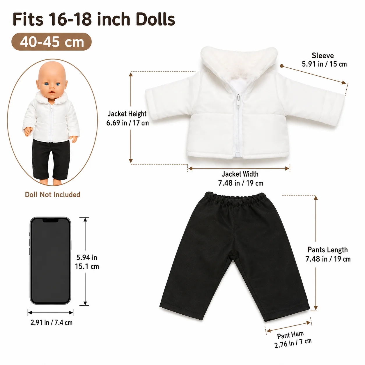 18inch American Girl Doll Clothes Set, White Down Jacket And Black Pants, Play House Doll Outfit, Plush Doll Clothes view 6