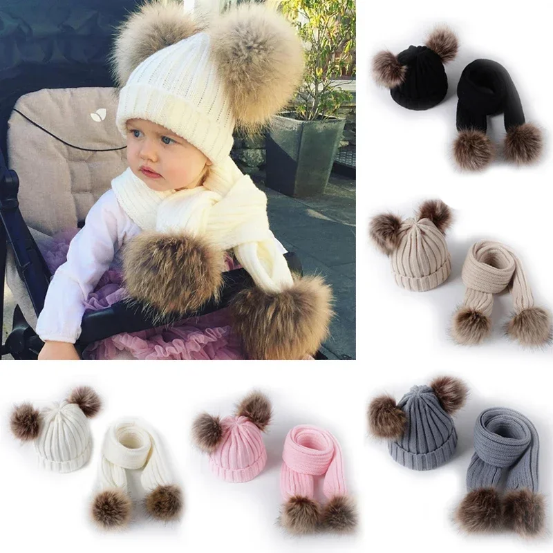

2Pcs/set Baby Hat Scarf with Pompom Warm Winter Knitted Kids Beanie Caps Kids Scarves Girl Boy Bonnet Hats Outdoor Children Hat