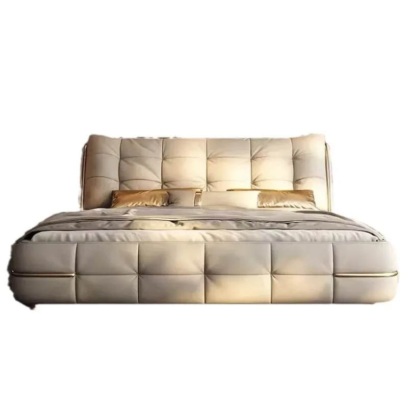 

High-end light luxury leather bed modern simple Italian cream solid wood soft bed