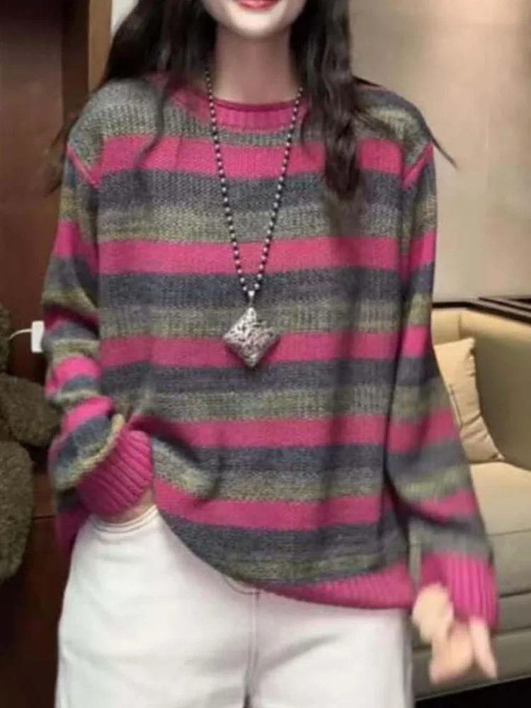 

Korean Style plus Size Women's Knitwear Long Sleeve Striped Color Block Lazy Fashion Sweater High Waist Loose Fit Spring Wear