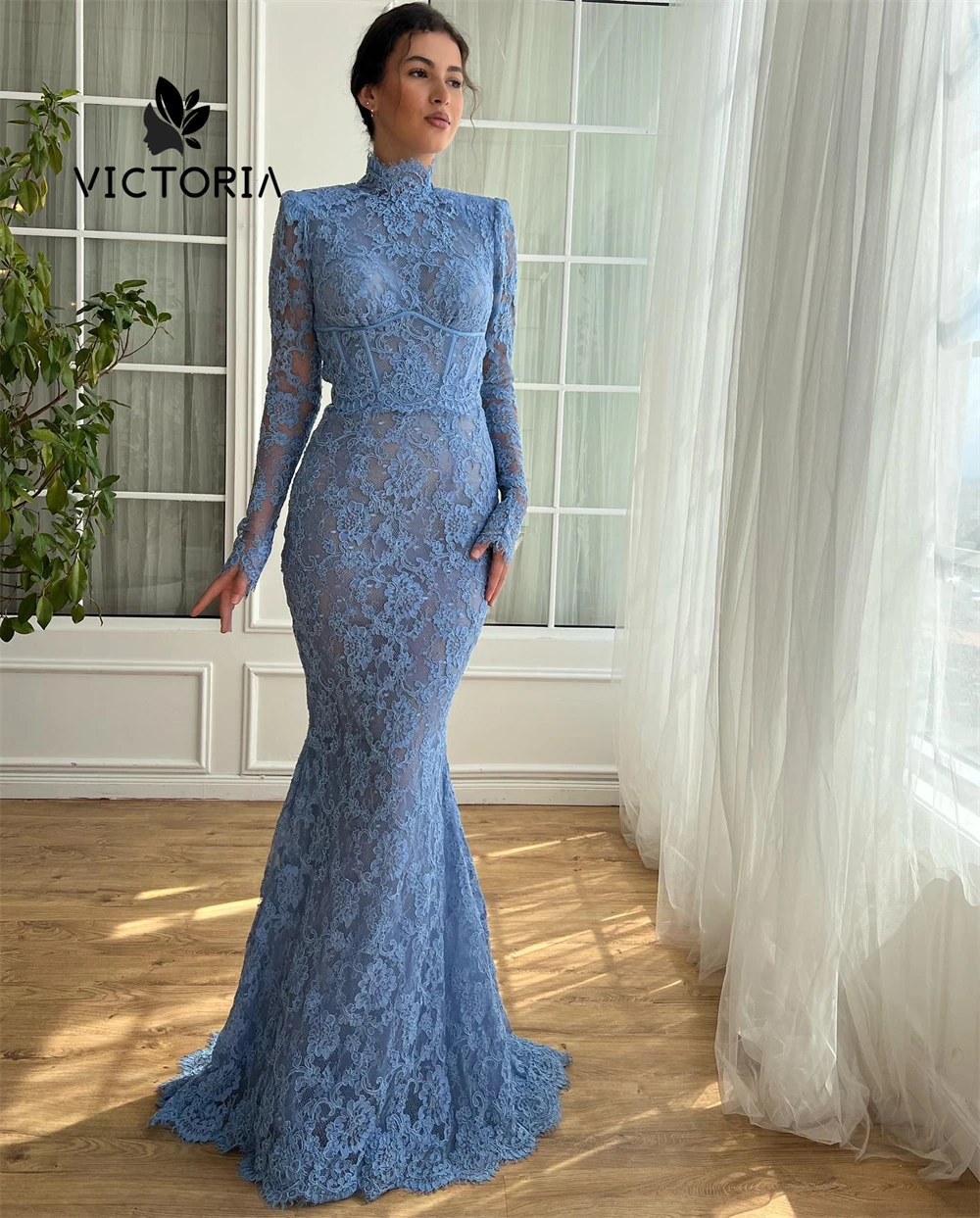 

Romantic Blue Lace Dubai Evening Dresses High Neck Long Sleeves Mermaid Luxury Dress Woman 2025 robes de soirée Customized