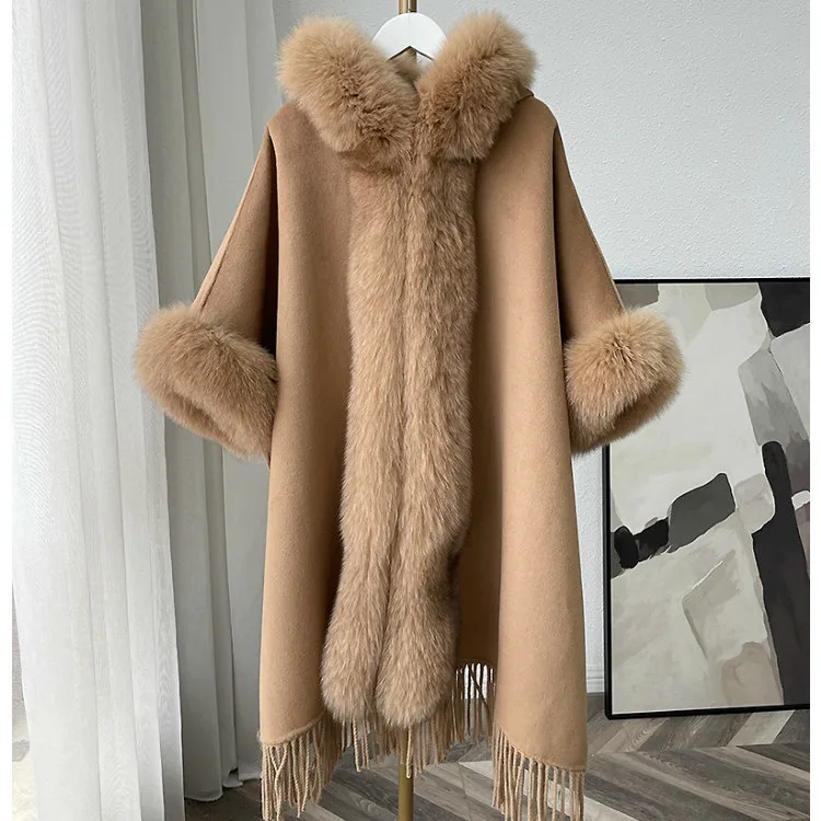 Elegant Fur Cape Women Winter Clothing Thick Warm Poncho Female Fashionable Cardigan Shawl Cloak Loose Fit Mid-length Coats T68