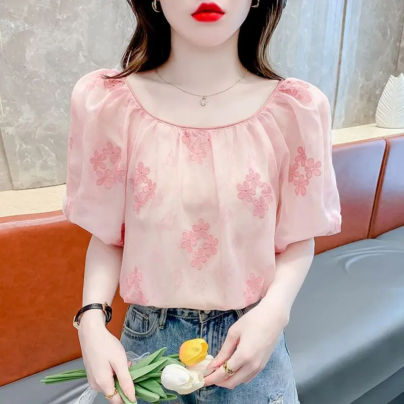 Women Summer Fashion Loose Temperament Embroidered Slash Neck Short Sleeve Chiffon Shirts Women Clothes Casual All-match Tops